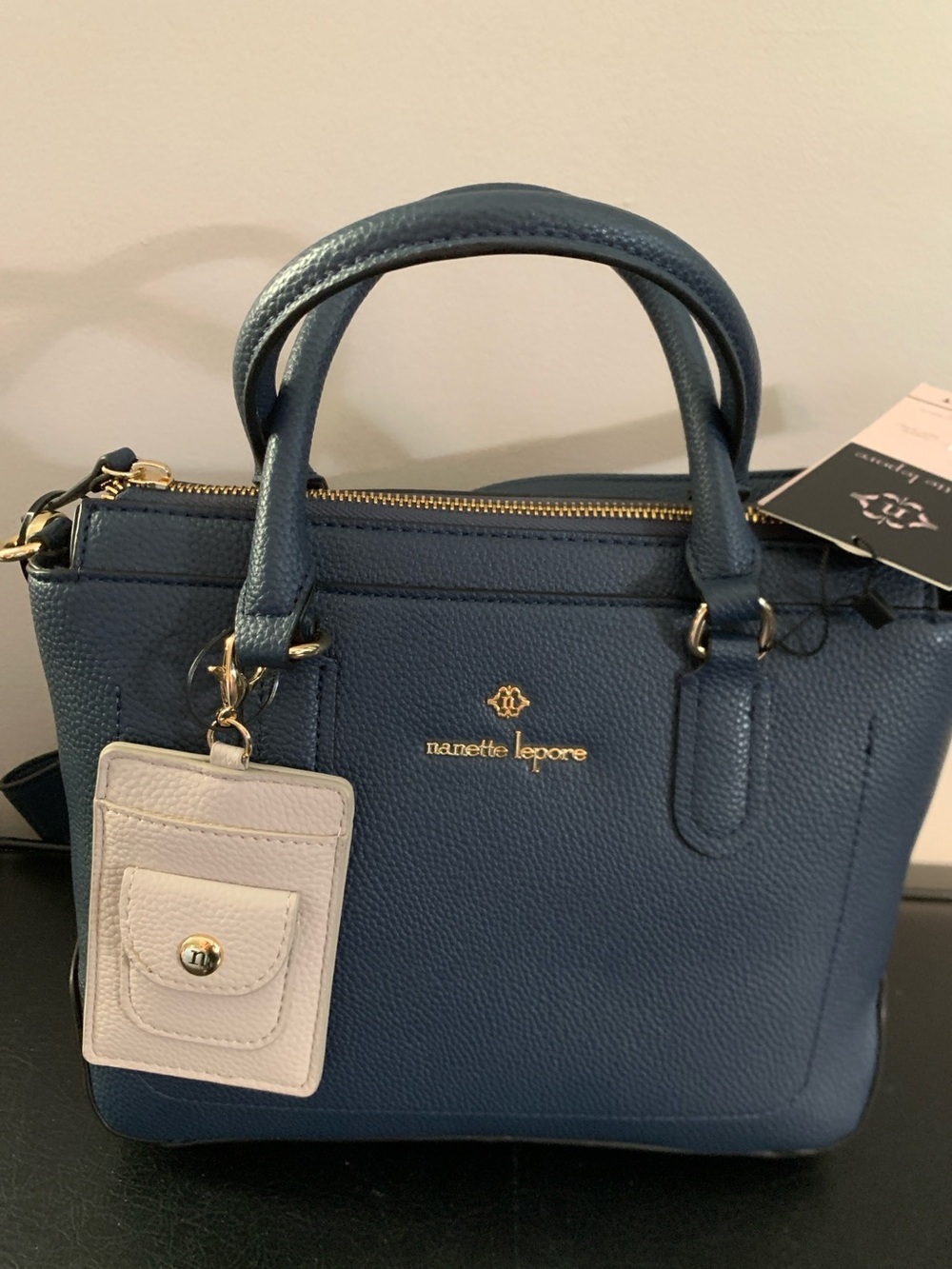 Nanette Lepore Blue Pebbled Leather Satchel with Cream Cardholder
